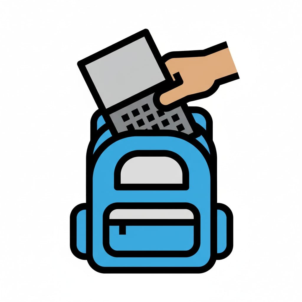 En hånd lægger en computer ned i en blå rygsæk.