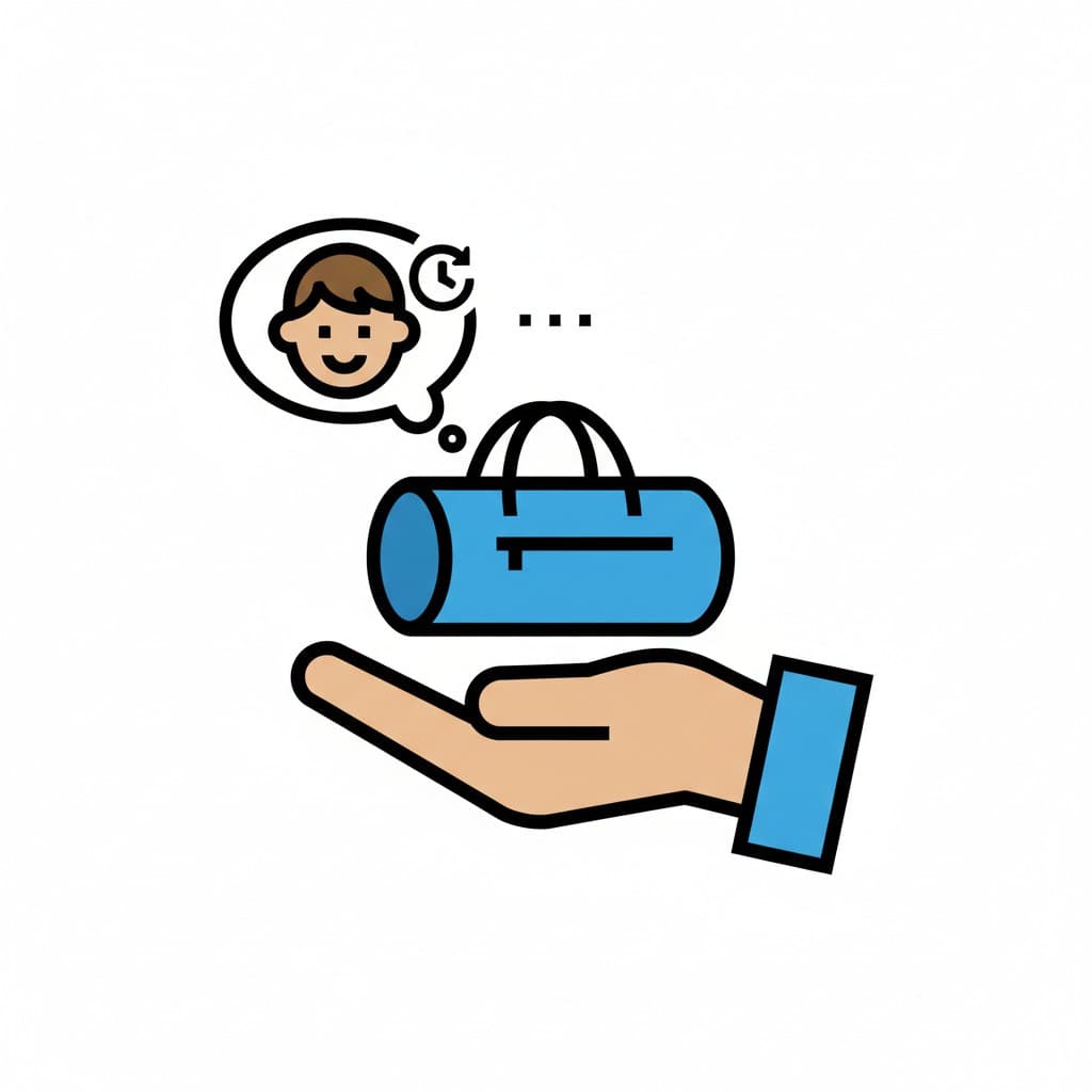 A hand holds a gym bag, with a thought bubble containing a face icon and a refresh icon, symbolizing remembering to bring the gym bag.