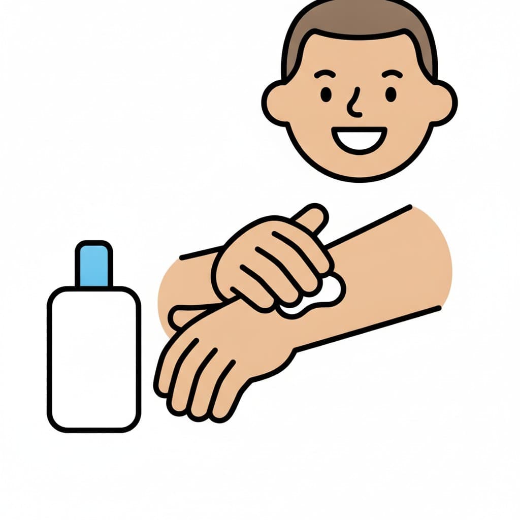 En leende man gnider in en klick vit lotion på sin underarm, och bredvid står en vit flaska med blått lock.