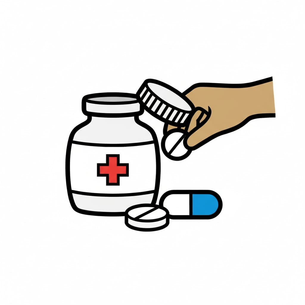 En hand tar tabletter ur en medicinburk med rött kors, intill ligger piller och en kapsel.