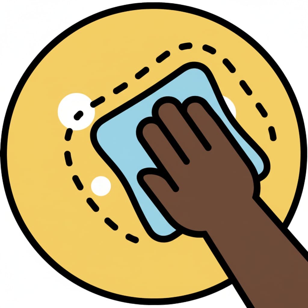 En hand torkar en cirkulär yta med en blå trasa, vilket visar en rengöringsrörelse.