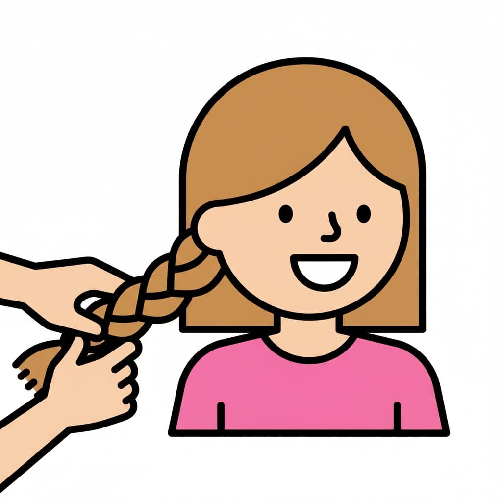 Two hands braid the hair of a smiling girl wearing a pink shirt.