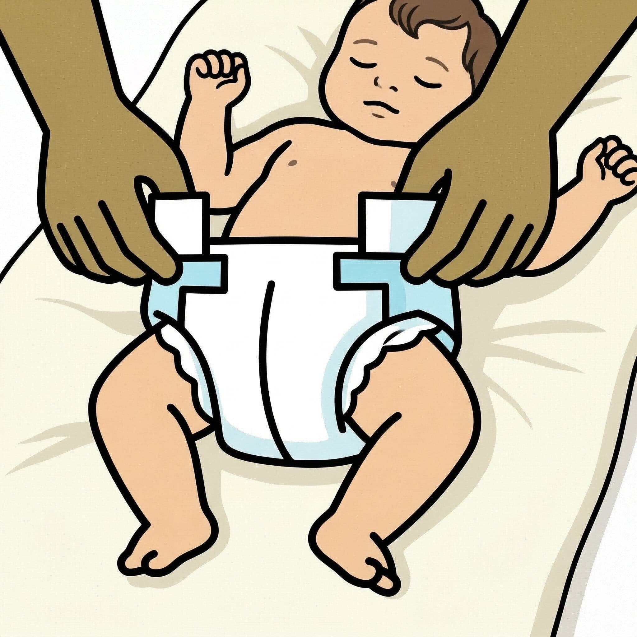 To hender holder en hvit bleie på en baby. Bare babyens ben er syns.
