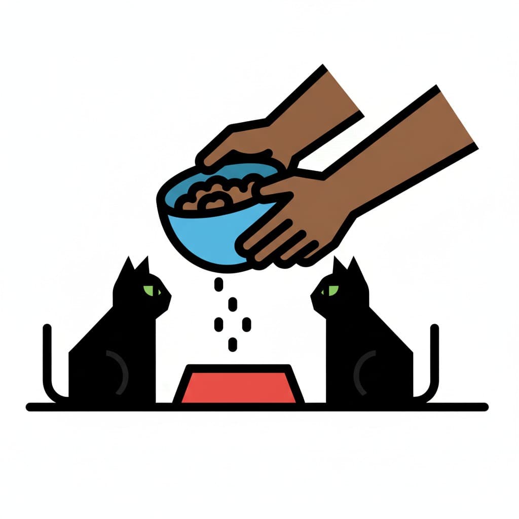 A pair of hands pours cat food from a blue bowl into a red food dish on the floor. Two black cats with green eyes sit on either side of the food dish.