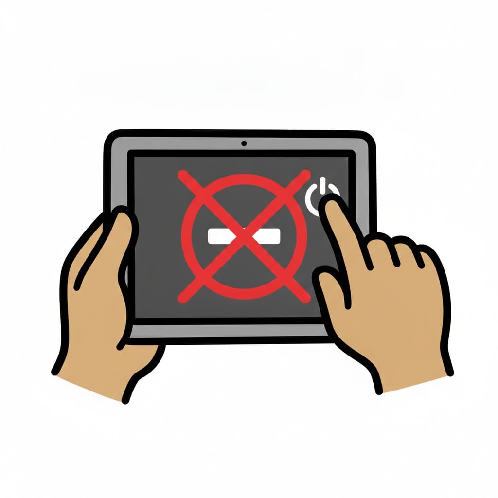 Two hands holding a tablet and pressing the power button to turn it off, with a no symbol on the screen.