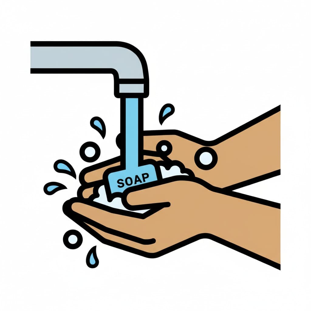 Two hands being washed under a water tap with soap and suds.