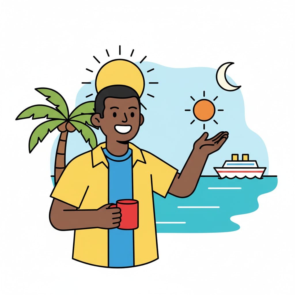 A person smiles holding a mug in front of a palm tree and an ocean with a boat.