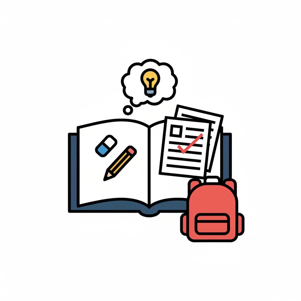 En öppen bok med blyertspenna och suddgummi, papper med en röd bock, en tankebubbla med en glödlampa och en ryggsäck. Symboliserar läxor och nya idéer.