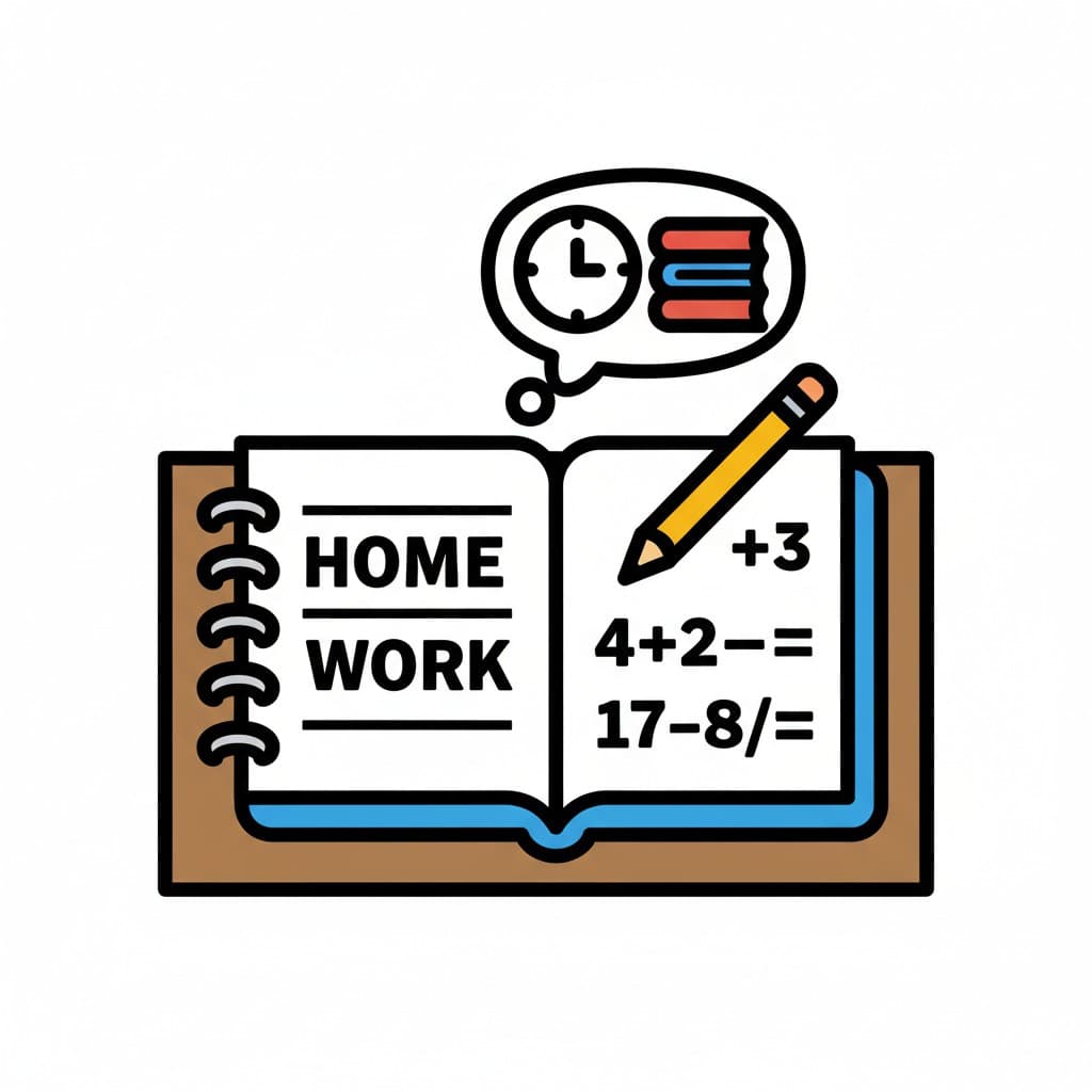 An open notebook with the word "HOMEWORK" on the left page and math problems on the right. A yellow pencil rests on the right page. A thought bubble above shows a clock and books, suggesting time for homework.