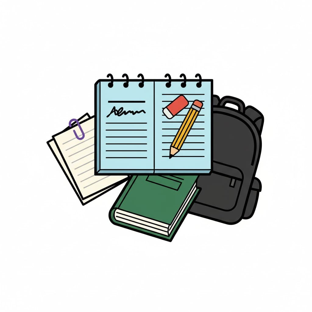 En spiralbunden anteckningsbok med text, ett suddgummi, en blyertspenna, lösa papper med ett gem, en grön bok och en svart ryggsäck.