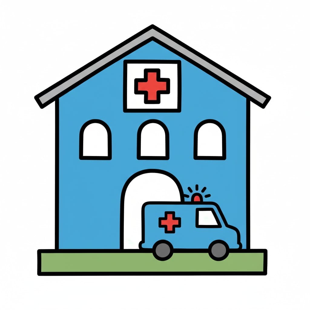 En tecknad illustration av en blå sjukhusbyggnad med en röd korssymbol och en ambulans parkerad utanför.