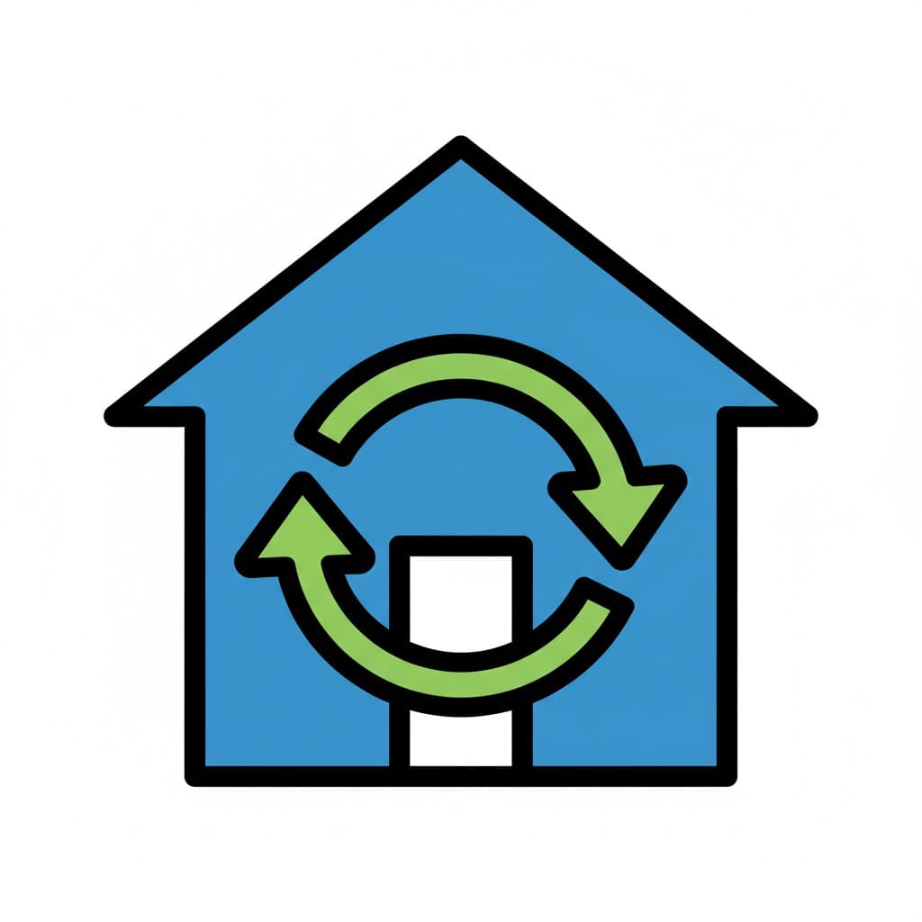 En blå ikon av ett hus med två gröna pilar som bildar en cirkel inuti, symboliserar att återställa eller städa huset.