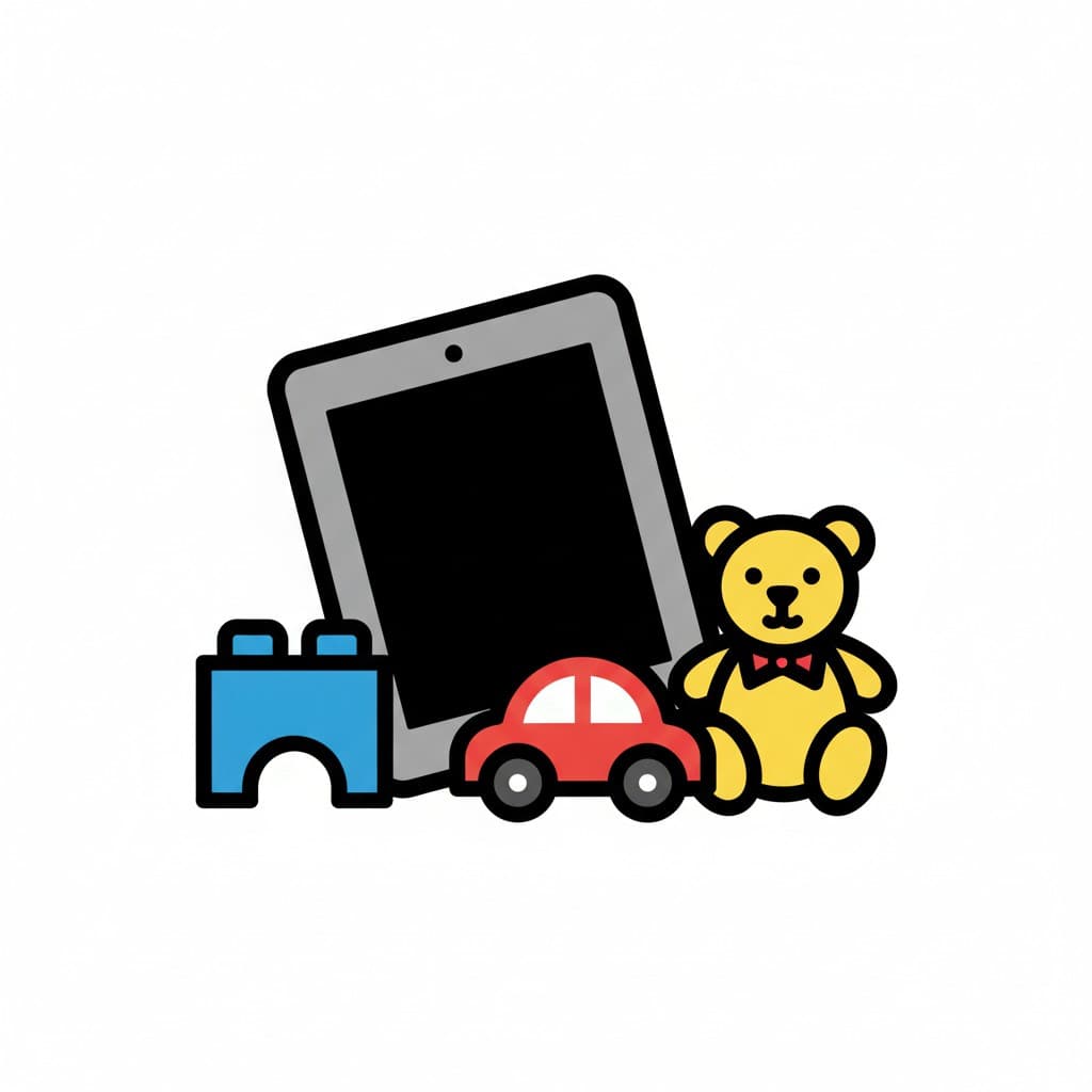 An iPad is leaning against a blue building block. Next to it are a red toy car and a yellow teddy bear.