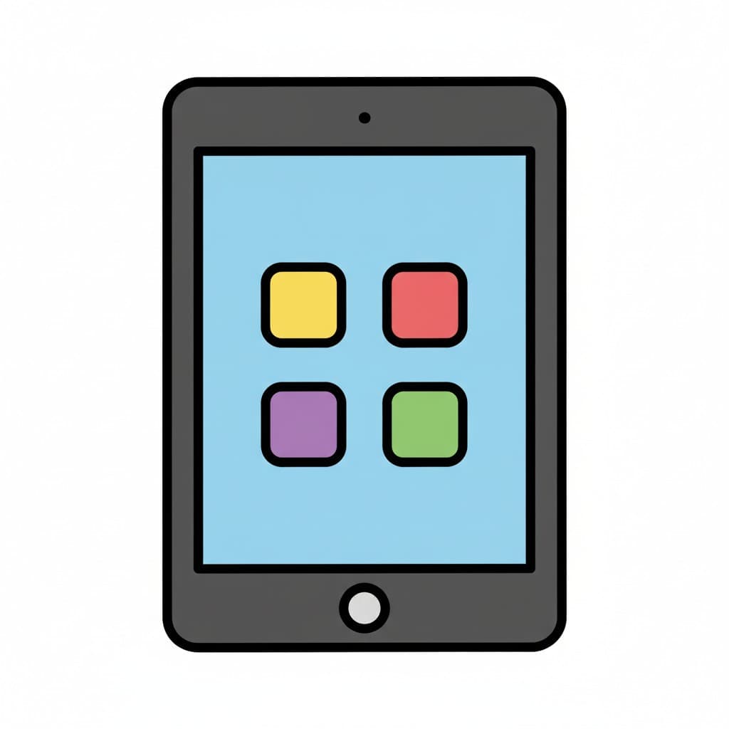 An iPad displaying a light blue screen with four colorful app icons.