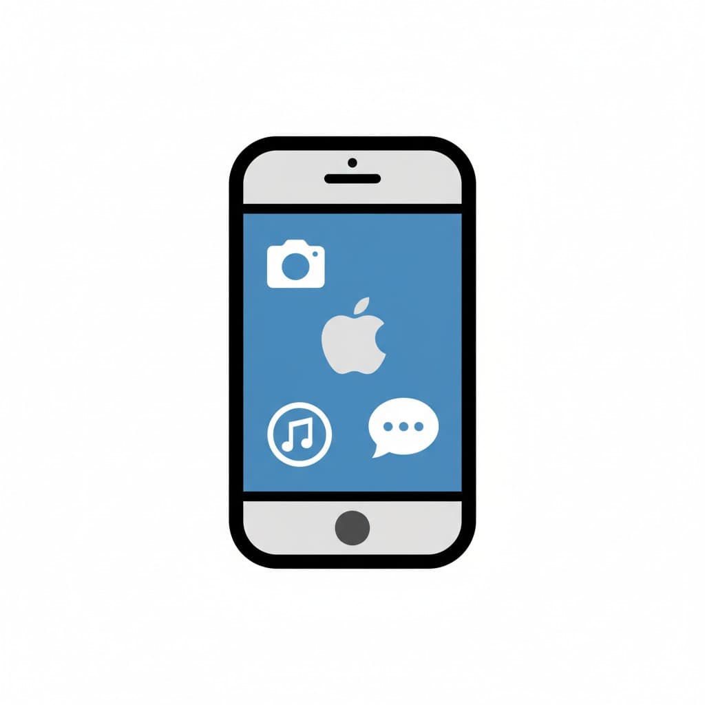 En illustration af en iPhone med ikoner for kamera, Apple-logo, musik og beskeder på en blå skærm.