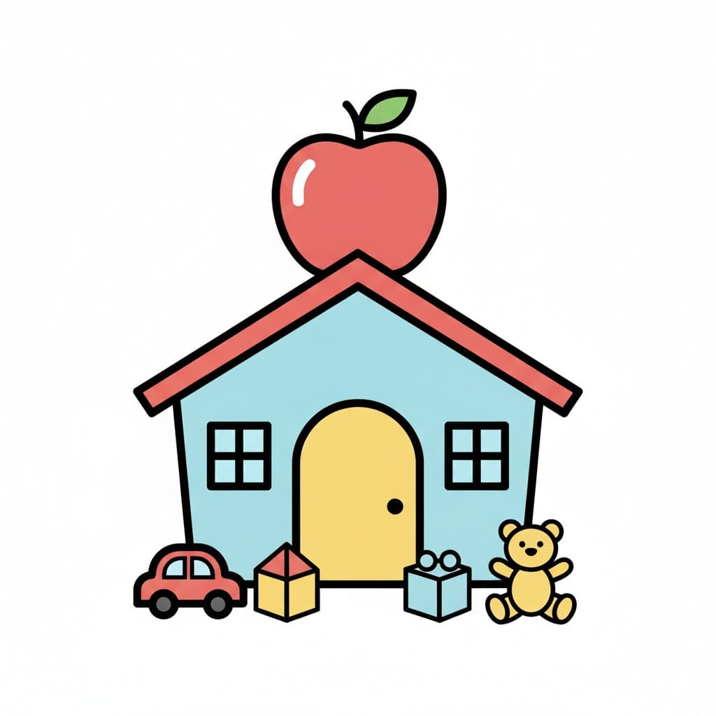 Ein Kindergartengebäude mit einem Apfel, Spielzeug, einem Auto und einem Teddybär davor.