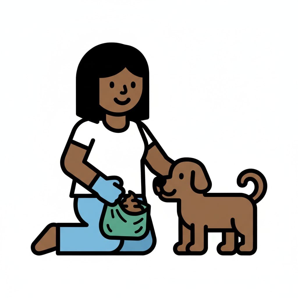 A child kneels with a glove and puts dog poop into a bag next to a dog.