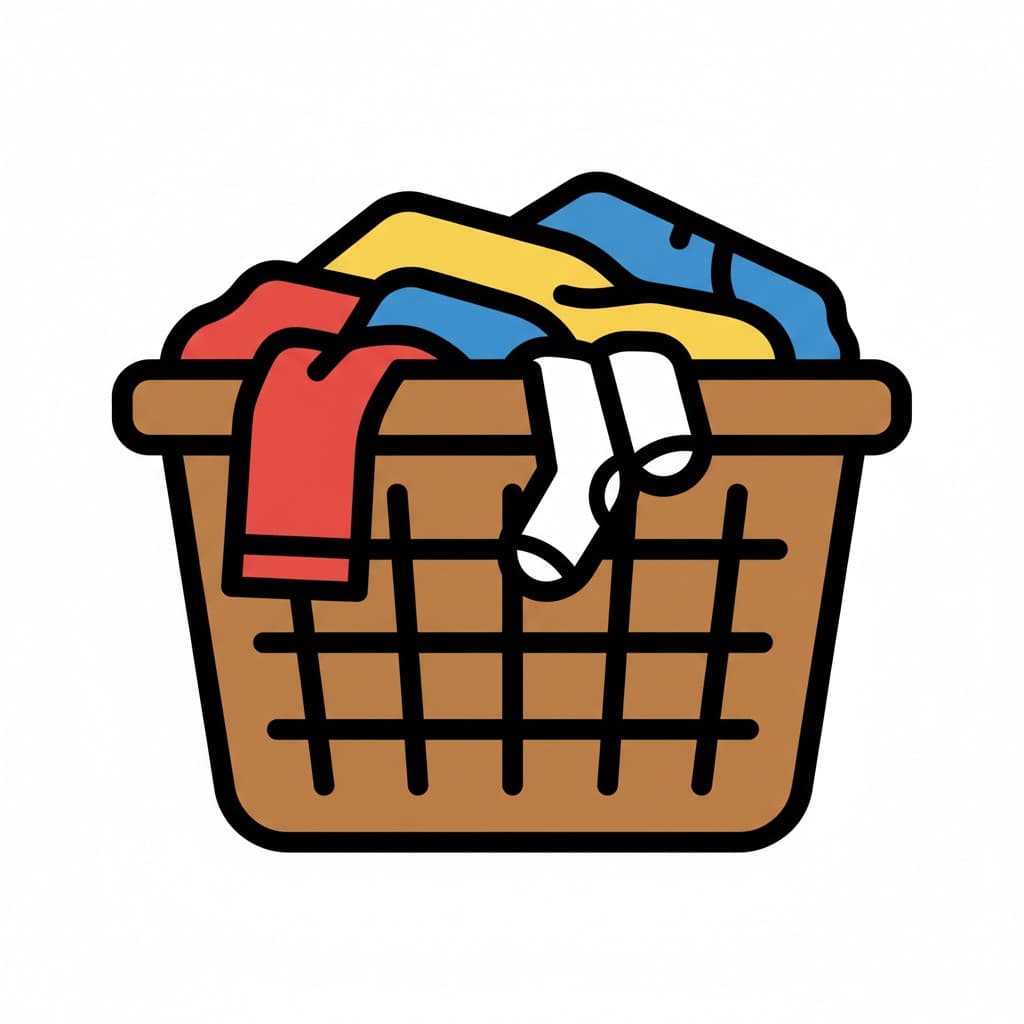 A laundry basket full of colorful clothes and socks