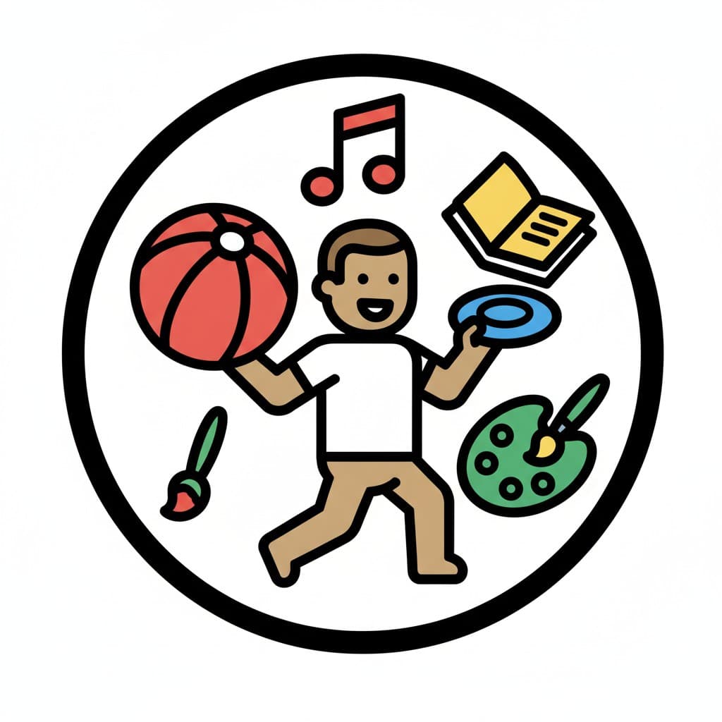 An illustration of a person surrounded by symbols representing various leisure activities such as sports (ball), music (note), reading (book), and art (palette and brush).
