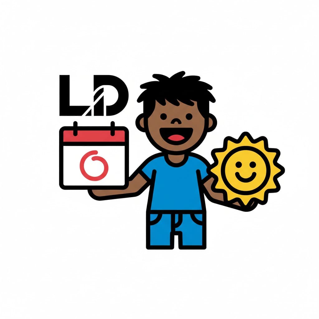 En tegneseriefigur av en gutt som holder en kalender og en sol, som symboliserer en dags timeplan.