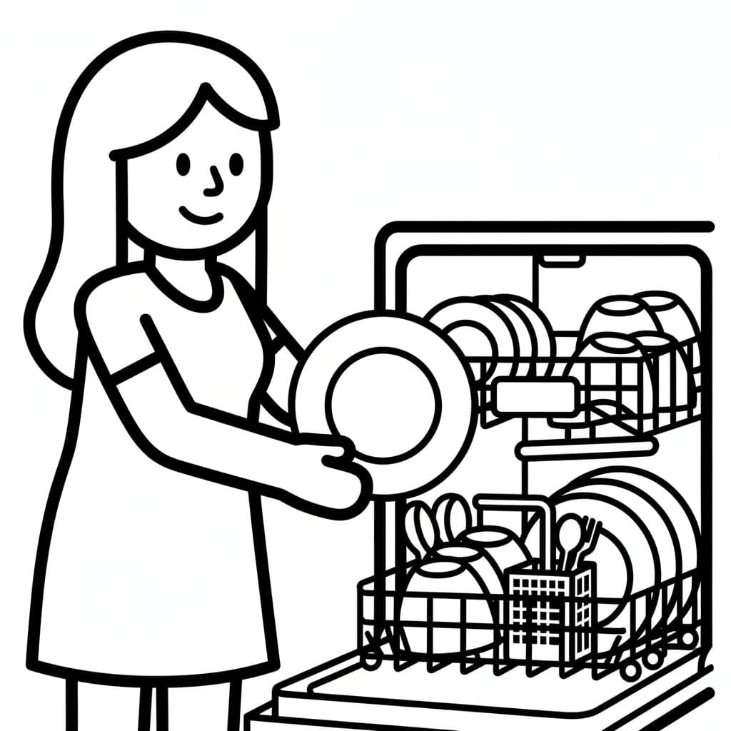 In a black and white drawing, a woman with long hair holds a plate beside an open dishwasher loaded with cups and cutlery.