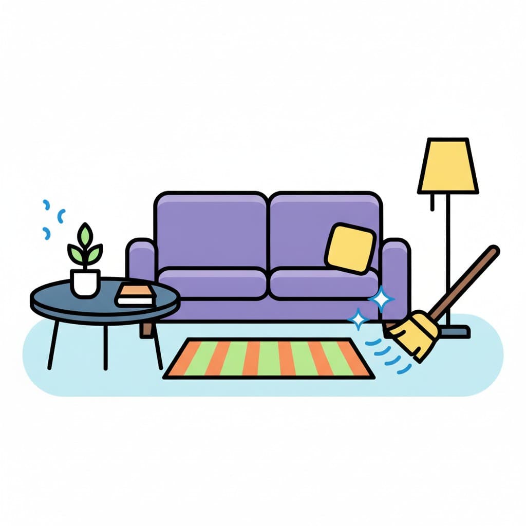 En stue med lilla sofa, sofabord med plante og bøger, stribet tæppe og en standerlampe, og ved siden af står en kost med små glimt omkring.