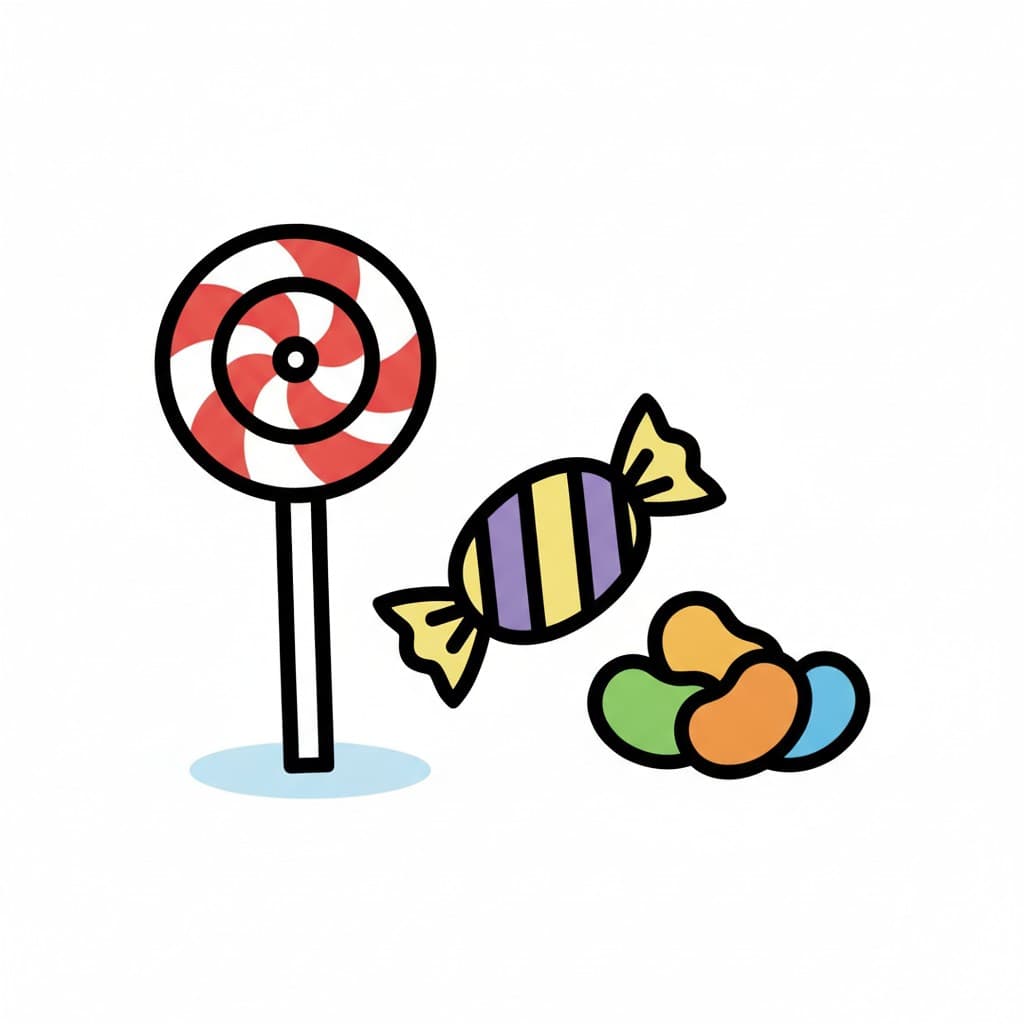 A red and white swirl lollipop stands next to a wrapped sweet and a small pile of colorful jelly beans.