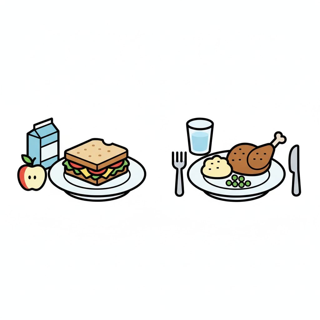On the left a sandwich with milk and an apple, on the right a plate of chicken, mashed potato and peas.