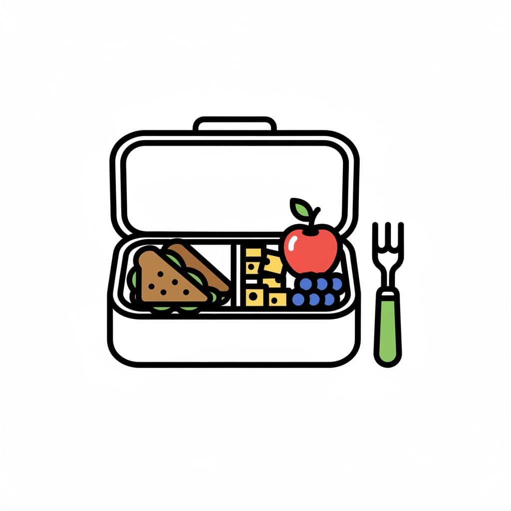 An open lunchbox containing a sandwich, cheese cubes, blueberries, and an apple, with a fork next to it.