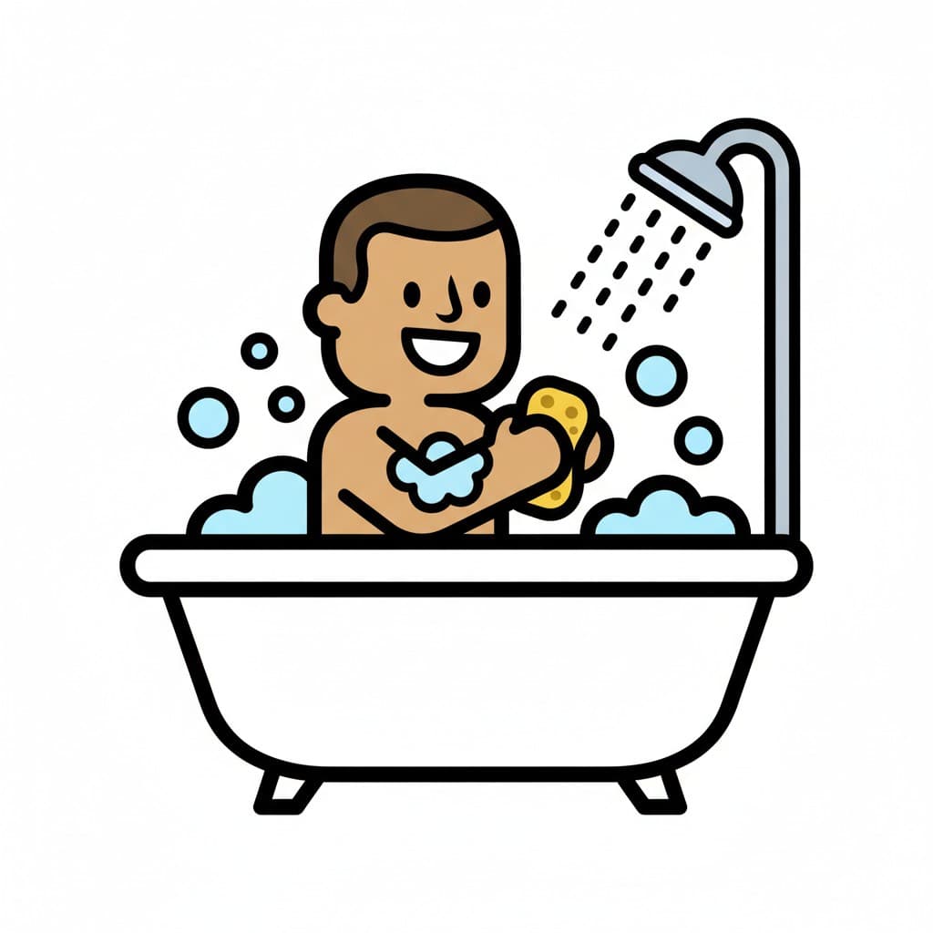 A person is sitting in a bathtub with bubbles and a shower spraying water. The person is using a sponge to wash.