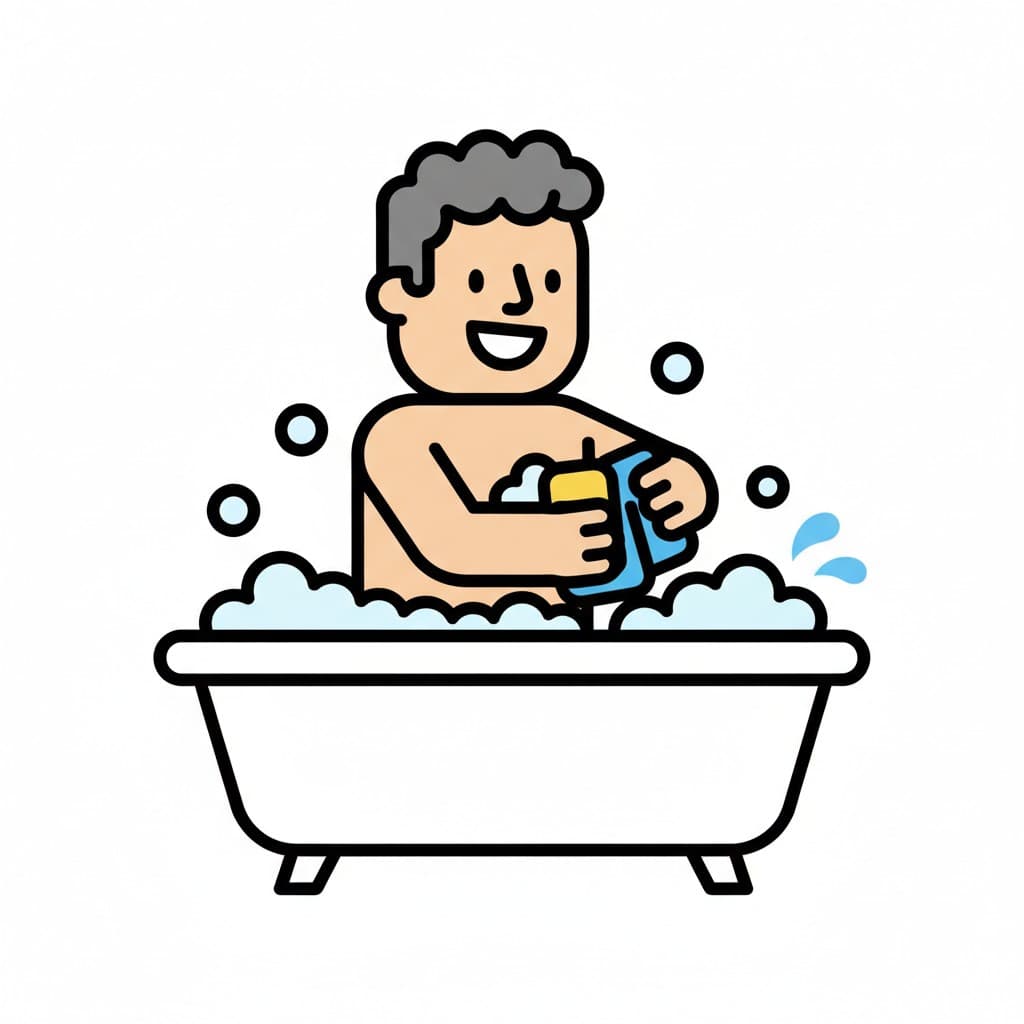 A person is sitting in a bathtub with bubbles, washing with soap and a washcloth.
