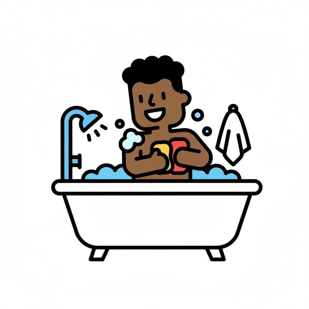 A person is sitting in a bathtub with bubbles, a shower spraying water, and a towel hanging nearby. The person is holding a sponge and soap.