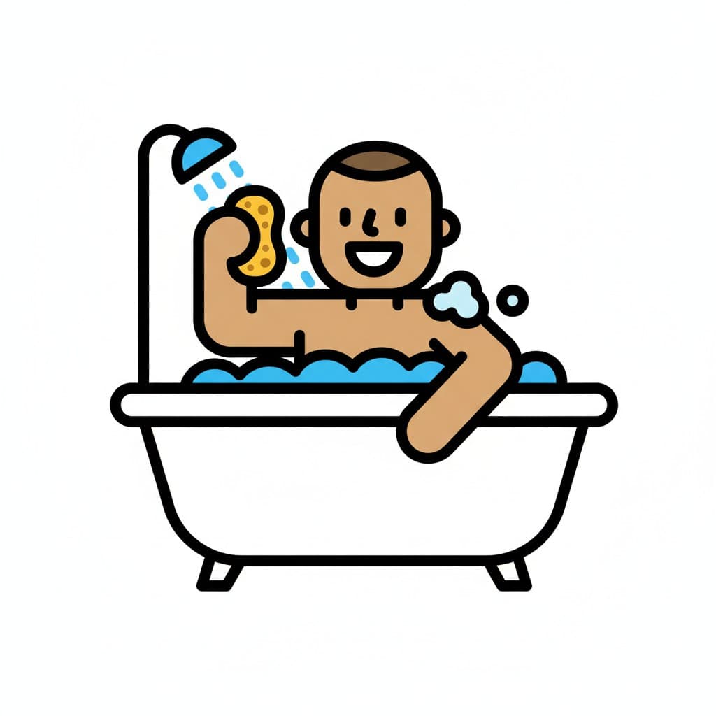 A person is sitting in a bathtub with bubbles and a shower spraying water. The person is using a sponge to wash their arm.