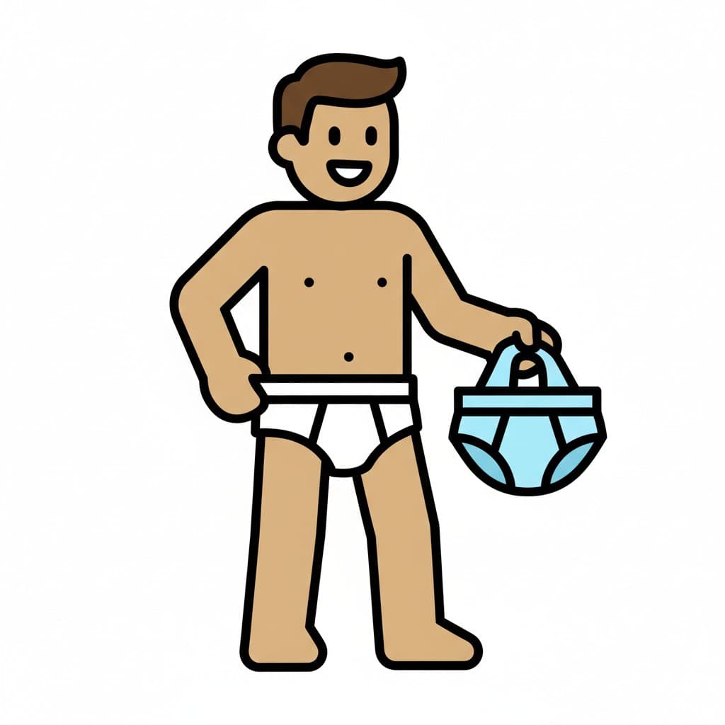 A person holding up a new pair of clean underwear, while wearing another pair.