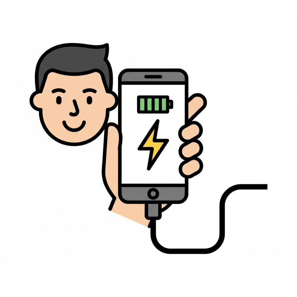 En person laddar sin telefon. Telefonen visar en blixt och en batteriikon som indikerar laddning.