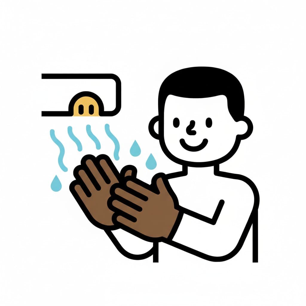 A person drying hands under a hand dryer blowing air and water droplets