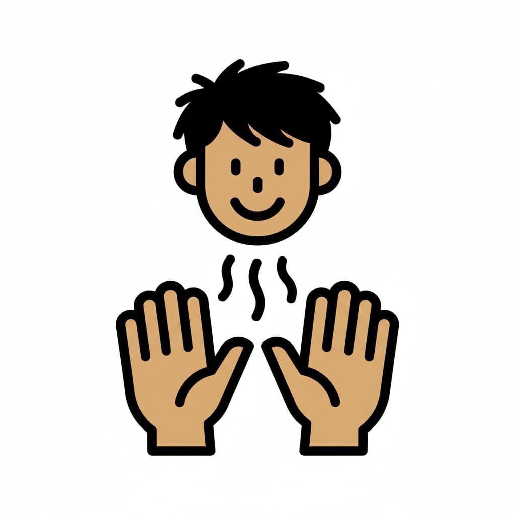 A smiling person with open hands drying hands in the air, with steam symbols rising