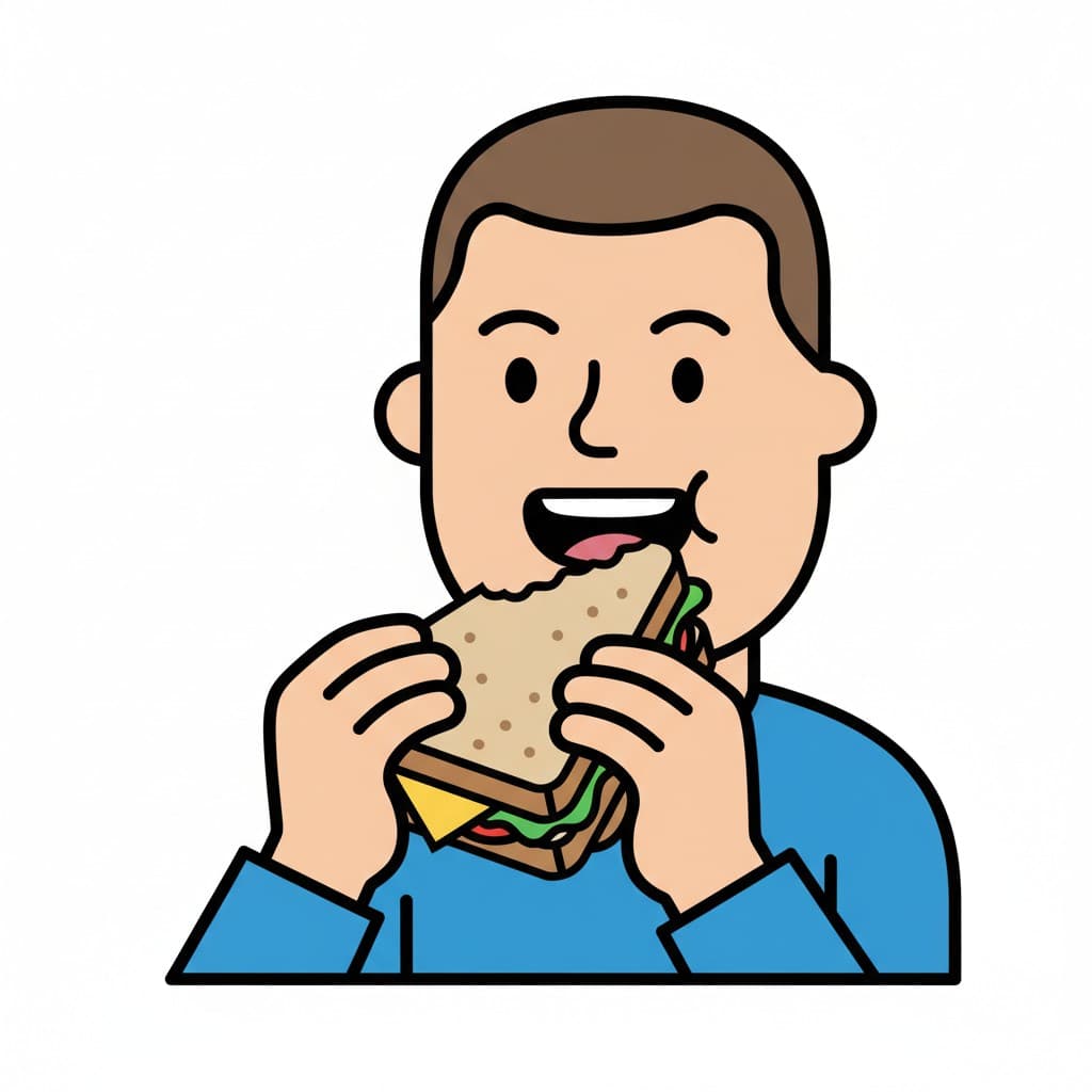 En person som äter en smörgås med ett bett taget.