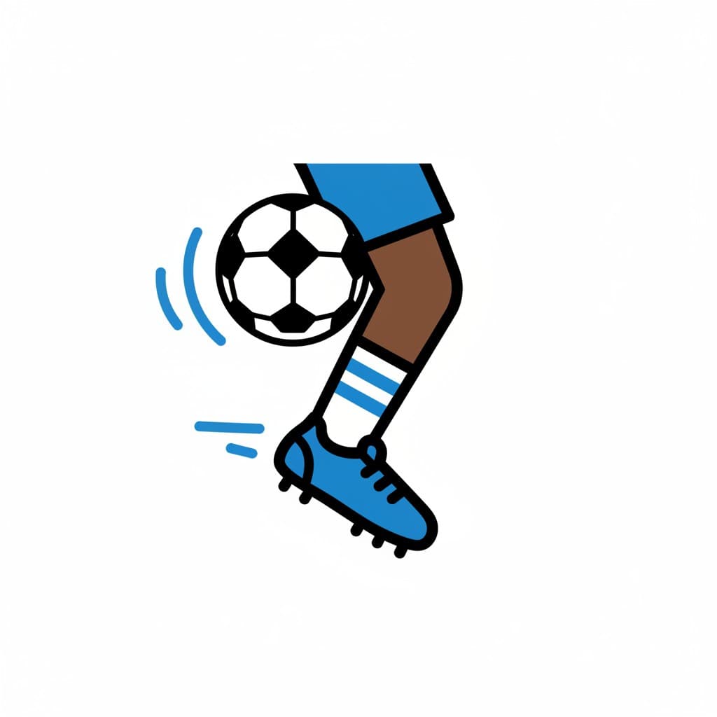 Ett ben i en blå fotbollssko sparkar en svartvit fotboll.
