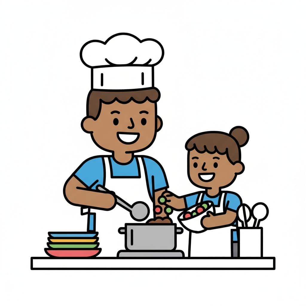 A man in a chef hat stirs a pot while a child beside him tips vegetables in from a bowl.