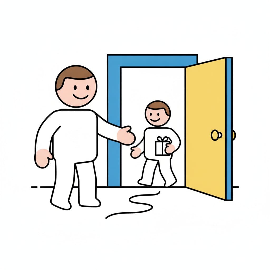 An adult and a child carrying a wrapped gift step through an open door.