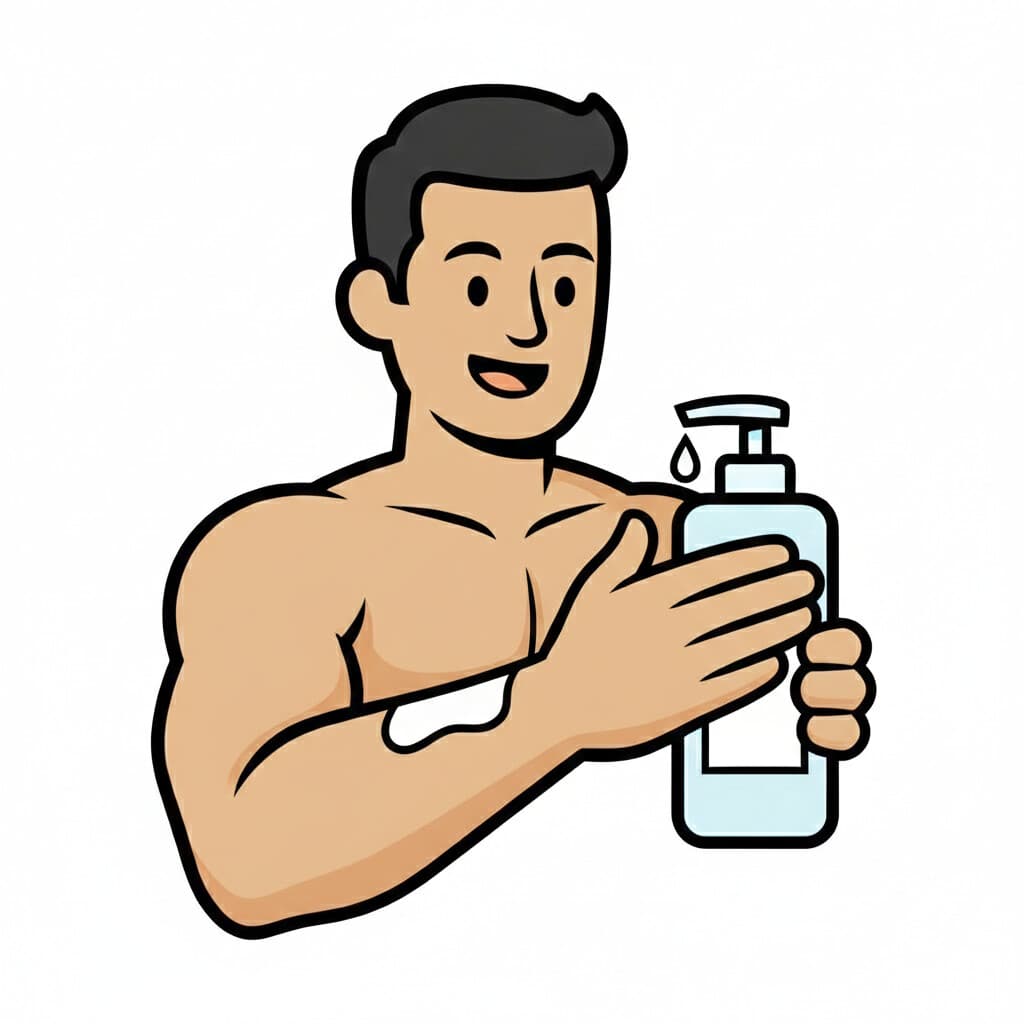 A man applies lotion from a pump bottle to his arm.