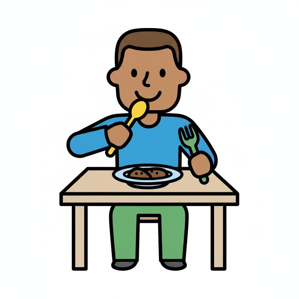 Ein Mann sitzt an einem Tisch mit einem Teller Essen und führt einen gelben Löffel zum Mund, während er in der anderen Hand eine grüne Gabel hält.