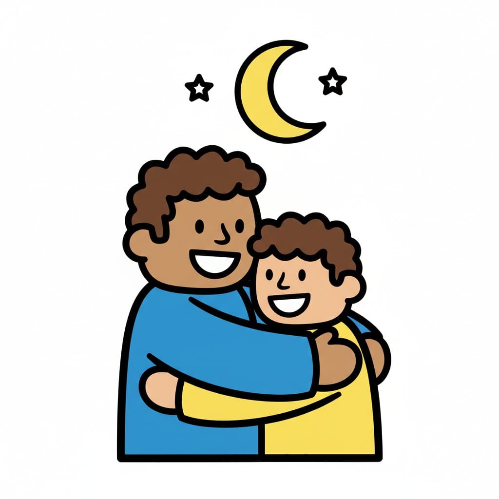 En voksen mand giver en dreng et godnatkram. En halvmåne og stjerner er over dem.