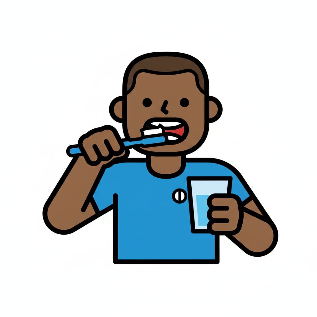 En person i en blå t-shirt børster tænder med en blå tandbørste og holder et glas vand med en pille i.