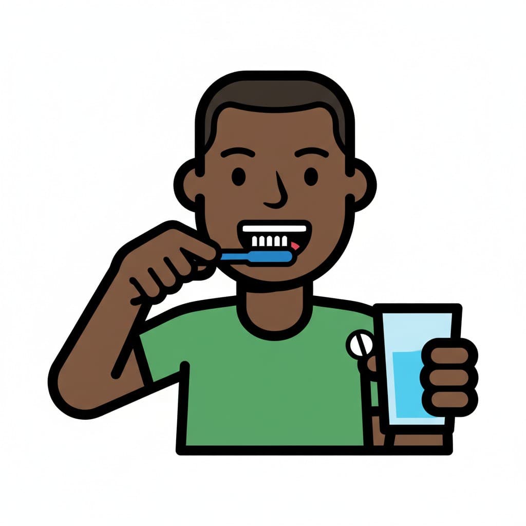 En person i en grøn t-shirt børster tænder med en blå tandbørste og holder et glas vand med en pille i.