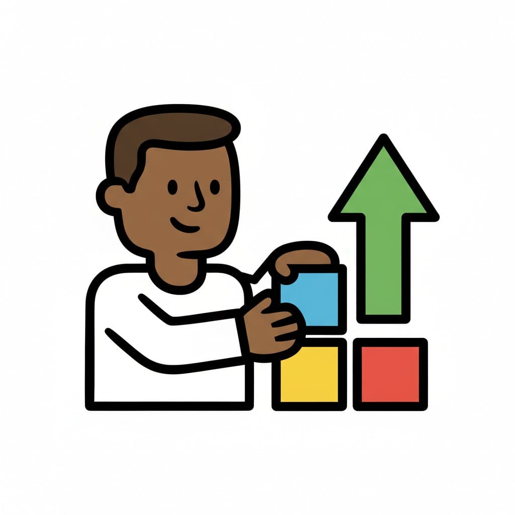 An illustration of a man stacking colorful blocks next to a large green arrow pointing upwards, symbolizing development and progress.