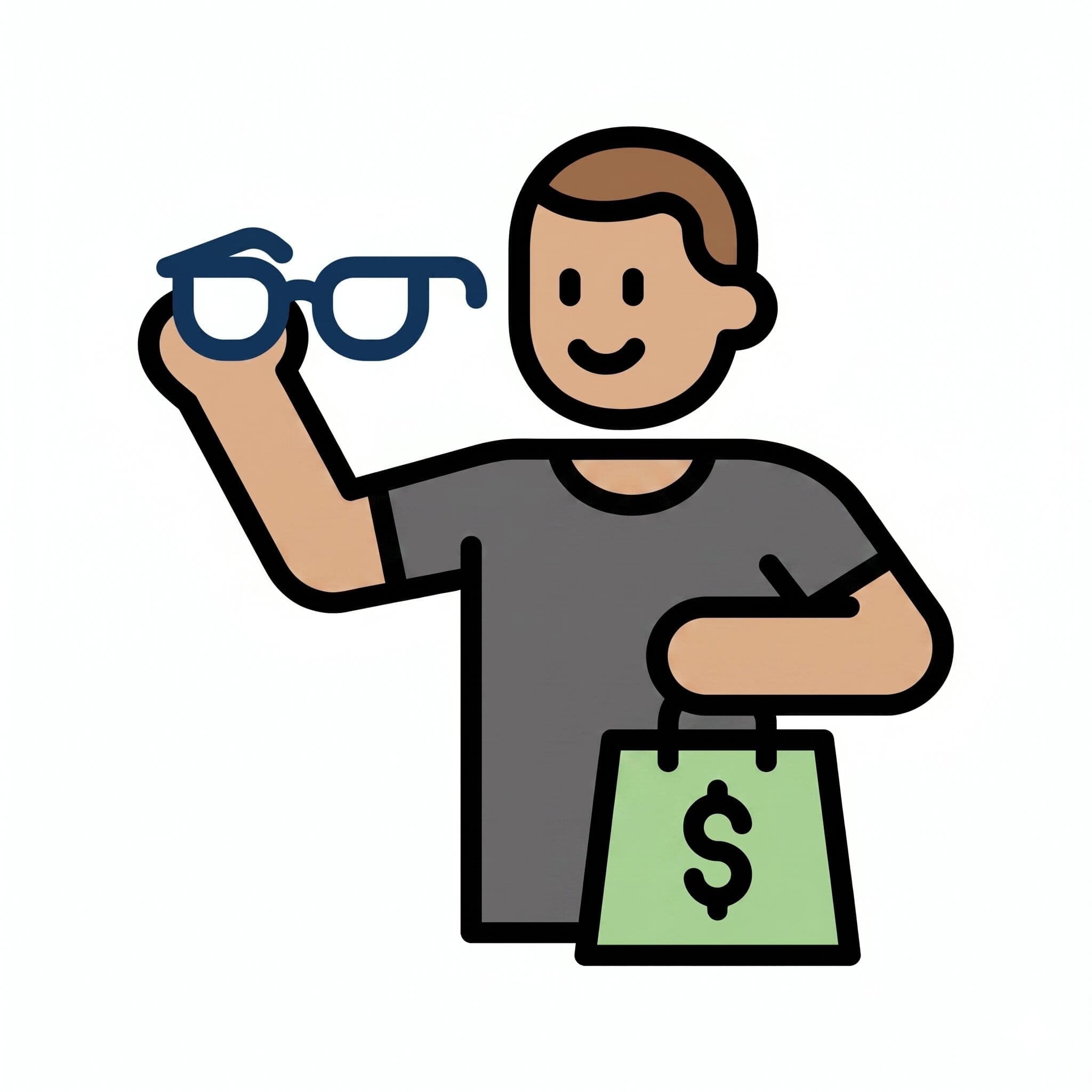 En illustration av en man som håller ett par glasögon och en shoppingpåse.