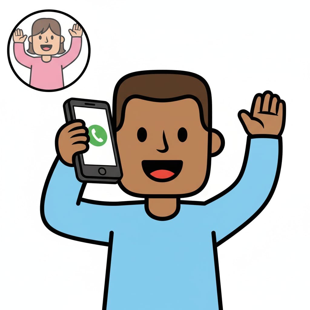 A man in a light blue shirt holds a phone to his ear and waves, with an image of a waving parent in a circle in the upper left corner.