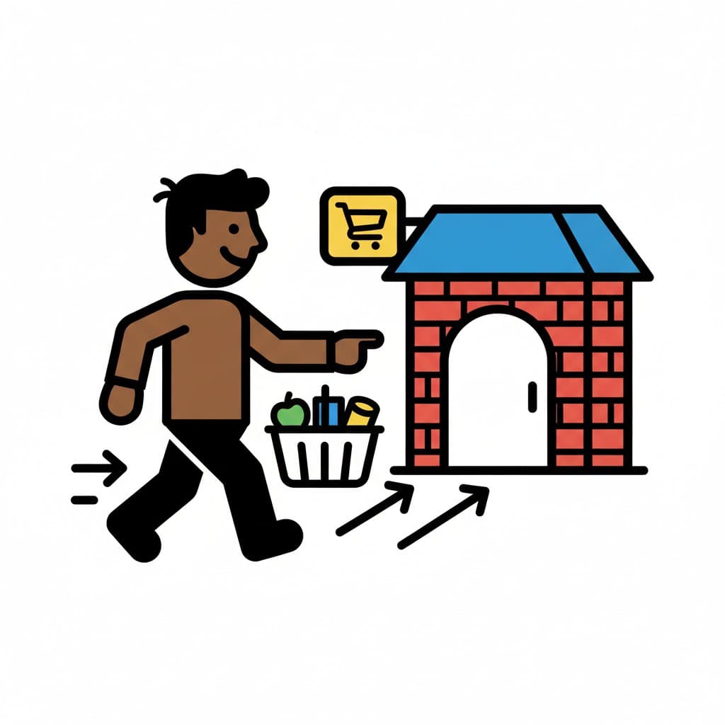 En person bærer en indkøbskurv med et æble og andre varer, pegende mod en murstensbutik med et indkøbskurv-ikon.